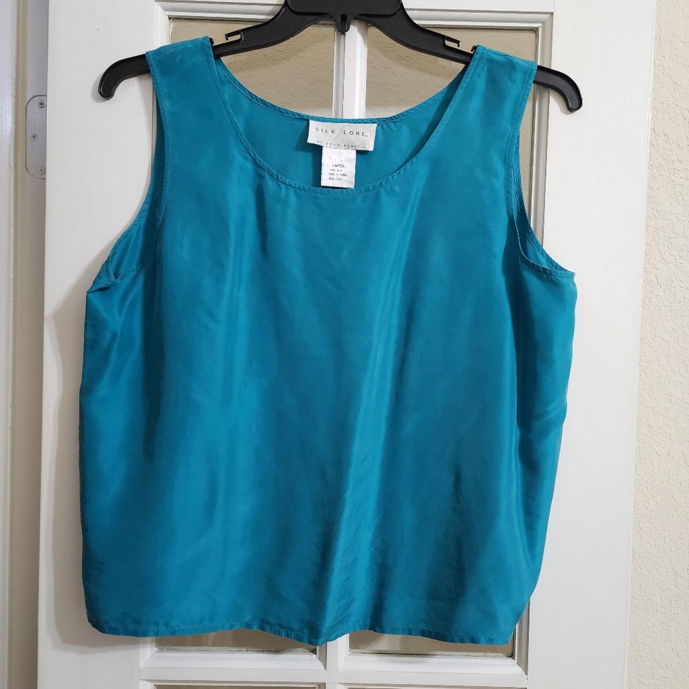 Vintage Silk Lore Beth Terrell 100% Silk Tank Top Teal Sleeveless Shell Large
